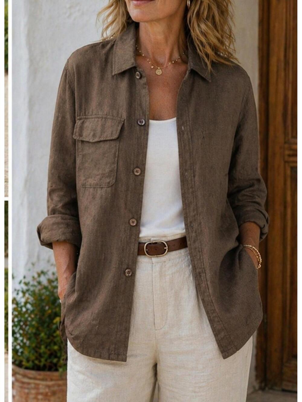 Chico’s Linen Safari Jacket Utility Shirt Womens Sz 1 M/8 Brown Pockets Relaxed